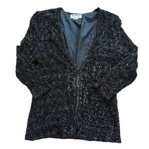 Vintage Scala Black Beaded Sequin Evening Jacket Art Deco Glam Cocktail Party L